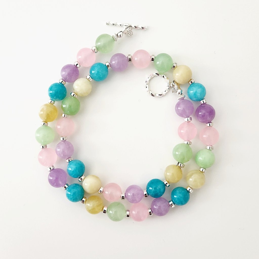 Pretty In Pastel Necklace W/ Jade & Yellow Opal, 16 Inches Long